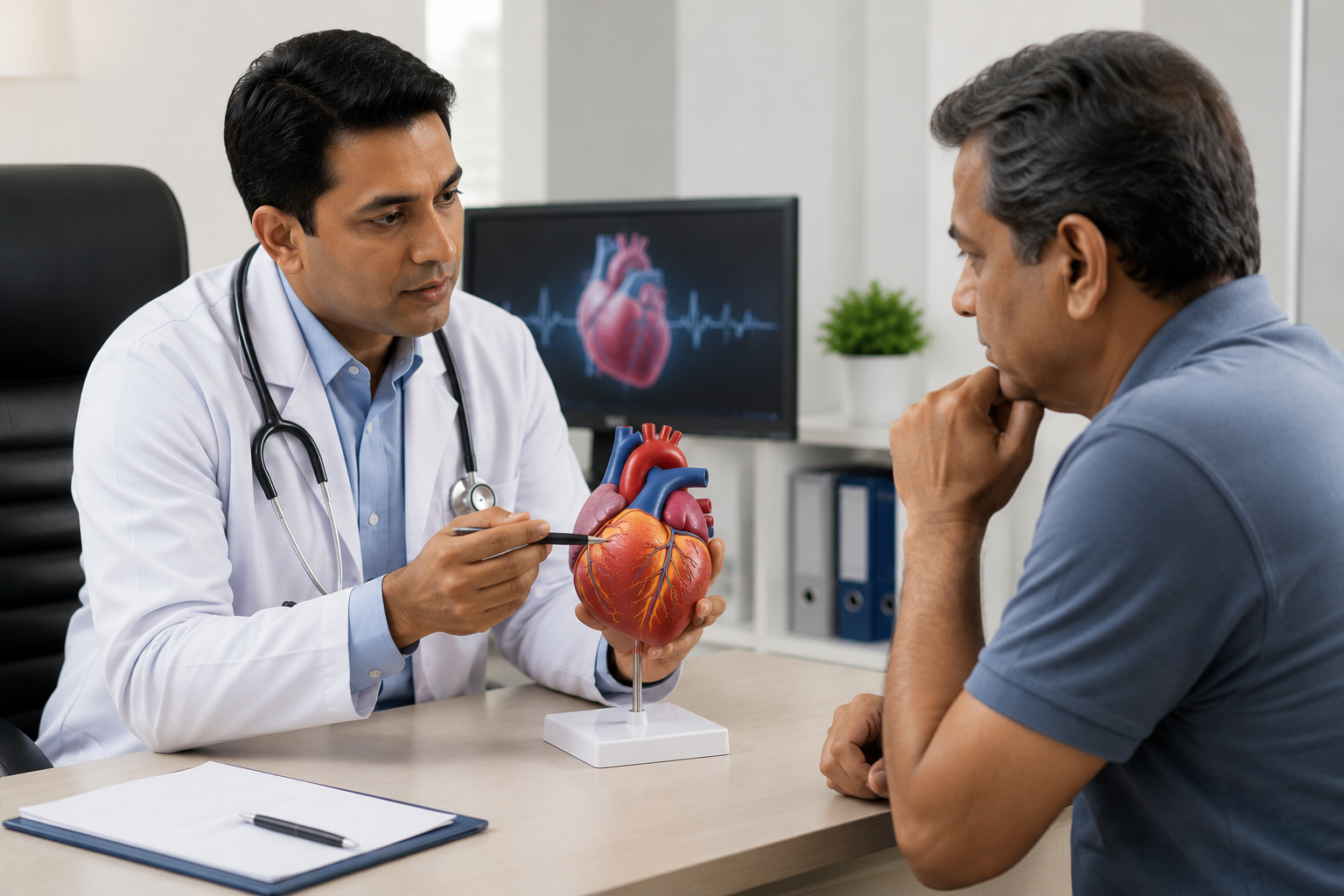 Cardiologist examining a patient's ECG report at Arunachala Hospital in Kadapa